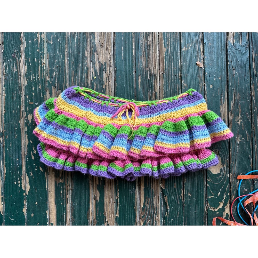 Handmade Crochet Rainbow Striped Ruffle Mini Skirt Drawstring Waist Multi Color